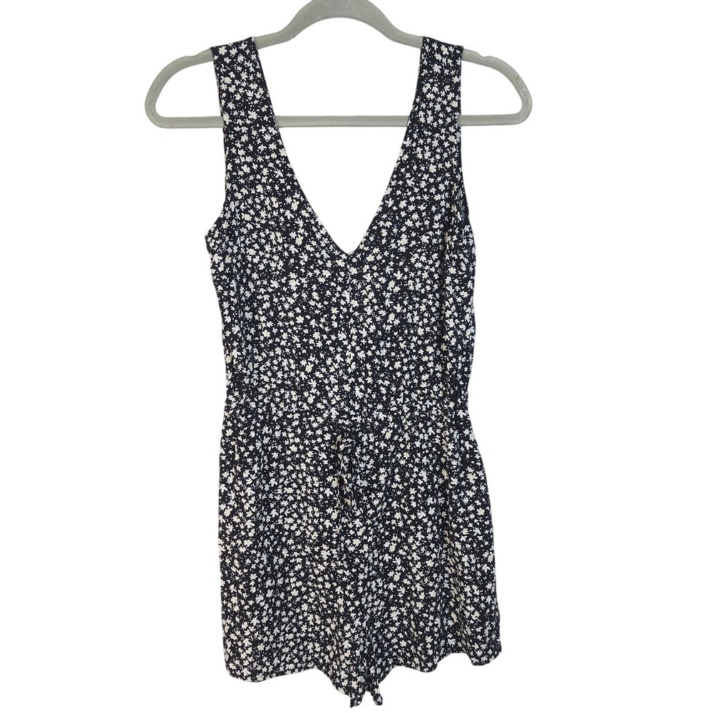 Vtg Y2K MADDEN GIRL Size Small Black Ditsy Floral Deep V-neck Drawstring Romper